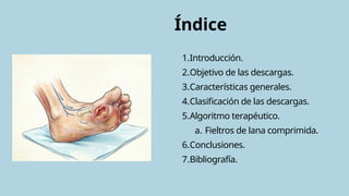 1.Introducción.
2.Objetivo de las descargas.
3.Características generales.
4.Clasificación de las descargas.
5.Algoritmo terapéutico.
a. Fieltros de lana comprimida.
6.Conclusiones.
7.Bibliografía.
Índice
 