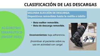SEGUNDA ELECCIÓN DE DESCARGA:
Dispositivos removibles hasta la rodilla o tobillo
CLASIFICACIÓN DE LAS DESCARGAS
ALGORITMO
TERAPÉUTICO
(IWGDF 2023)
• Bota walker removible.
• Bota de descarga removible.
Inconvenientes: baja adherencia.
¡Incentivar al paciente sobre su
uso en actividad con carga!
 
