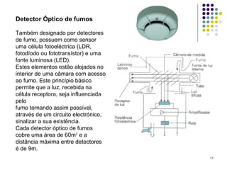 11
Detector Óptico de fumos
Também designado por detectores
de fumo, possuem como sensor
uma célula fotoeléctrica (LDR,
fotodíodo ou fototransístor) e uma
fonte luminosa (LED).
Estes elementos estão alojados no
interior de uma câmara com acesso
ao fumo. Este princípio básico
permite que a luz, recebida na
célula receptora, seja influenciada
pelo
fumo tornando assim possível,
através de um circuito electrónico,
sinalizar a sua existência.
Cada detector óptico de fumos
cobre uma área de 60m2
e a
distância máxima entre detectores
é de 9m.
 