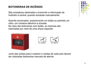 14
BOTONEIRAS DE INCÊNDIO
São avisadores destinados a transmitir a informação de
incêndio à central, quando actuadas manualmente.
Quando accionados, pressionando um botão ou partindo um
vidro, um contacto eléctrico é actuado.
No caso das botoneiras com botão, as mesmas são
rearmadas por meio de uma chave especial.
Junto das saídas para o exterior e saídas de cada piso devem
ser colocadas botoneiras manuais de alarme.
 