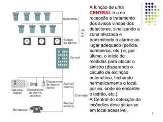 5
A função de uma
CENTRAL é a de
recepção e tratamento
dos avisos vindos dos
detectores, sinalizando a
zona afectada e
transmitindo o alarme ao
lugar adequado (polícia,
bombeiros, etc.) e, por
último, o início de
medidas para atacar o
sinistro (disparando o
circuito de extinção
automática, fechando
hermeticamente o local,
por ex. onde se encontre
o ladrão, etc.).
A Central de detecção de
incêndios deve situar-se
em local acessível.
 