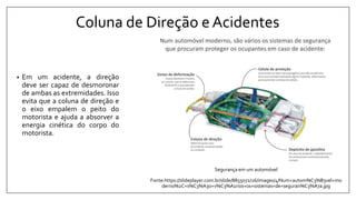 Coluna de Direção e Acidentes
• Em um acidente, a direção
deve ser capaz de desmoronar
de ambas as extremidades. Isso
evita que a coluna de direção e
o eixo empalem o peito do
motorista e ajuda a absorver a
energia cinética do corpo do
motorista.
Segurança em um automóvel
Fonte:https://slideplayer.com.br/slide/8855072/26/images/4/Num+autom%C3%B3vel+mo
derno%2C+s%C3%A3o+v%C3%A1rios+os+sistemas+de+seguran%C3%A7a.jpg
 