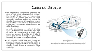 Caixa de Direção
• Um importante componente presente na
caixa de direção é a engrenagem de direção.
Sua função é converter os movimentos
rotacionais do volante por meio de uma
translação mecânica através da coluna de
direção, da junta universal e do pinhão em um
movimento de empurrão axial da cremalheira
e, portanto, dos tirantes, movendo assim as
rodas do veículo.
• As rodas são giradas por meio de tirantes
axiais. Os tirantes são empurrados para fora
da caixa. A cremalheira é acionada pelo
pinhão de direção. O pinhão de direção é
guiado pela coluna de direção e pela junta
universal. A coluna é movida pelo volante.
• Entre os sinais de que uma caixa de direção
precisa de reparo ou substituição estão o
esforço de direção aumentado ou irregular e a
direção ficando frouxa e mostrando folga
excessiva.
Steering Gearbox
https://www.cars.com/auto-repair/glossary/steering-gearbox//
 
