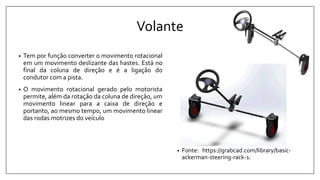 Volante
• Tem por função converter o movimento rotacional
em um movimento deslizante das hastes. Está no
final da coluna de direção e é a ligação do
condutor com a pista.
• O movimento rotacional gerado pelo motorista
permite, além da rotação da coluna de direção, um
movimento linear para a caixa de direção e
portanto, ao mesmo tempo, um movimento linear
das rodas motrizes do veículo
• Fonte: https://grabcad.com/library/basic-
ackerman-steering-rack-1:
 