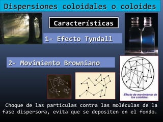 Dispersiones coloidales o coloides
Características
1- Efecto Tyndall
2- Movimiento Browniano

Choque de las partículas contra las moléculas de la
fase dispersora, evita que se depositen en el fondo.

 