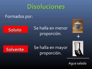 Formados por:
Soluto

Se halla en menor
proporción.

Solvente

Se halla en mayor
proporción.

+

Agua salada

 