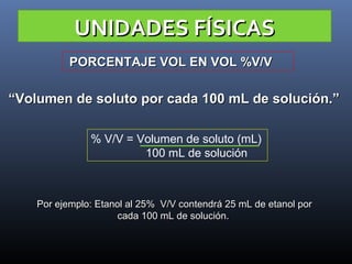 UNIDADES FÍSICAS
PORCENTAJE VOL EN VOL %V/V

“Volumen de soluto por cada 100 mL de solución.”
% V/V = Volumen de soluto (mL)
100 mL de solución

Por ejemplo: Etanol al 25% V/V contendrá 25 mL de etanol por
cada 100 mL de solución.

 