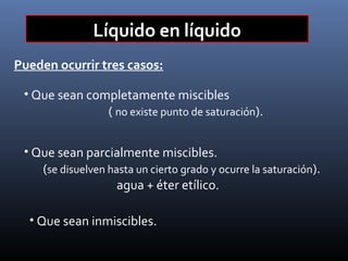 Líquido en líquido
Pueden ocurrir tres casos:
• Que sean completamente miscibles

( no existe punto de saturación).

• Que sean parcialmente miscibles.

(se disuelven hasta un cierto grado y ocurre la saturación).
agua + éter etílico.

• Que sean inmiscibles.

 