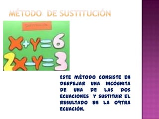 Este método consiste en
despejar una incógnita
de una de las dos
ecuaciones y sustituir el
resultado en la o9tra
ecuación.
 