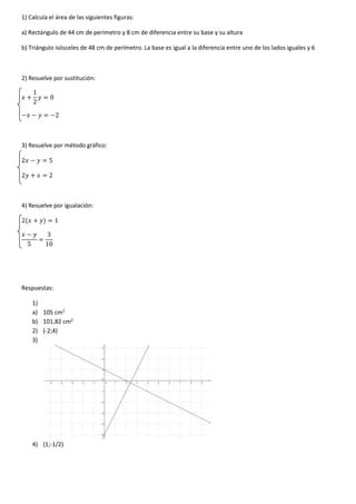 1) Calcula el área de las siguientes figuras:
a) Rectángulo de 44 cm de perímetro y 8 cm de diferencia entre su base y su altura
b) Triángulo isósceles de 48 cm de perímetro. La base es igual a la diferencia entre uno de los lados iguales y 6
2) Resuelve por sustitución:
𝑥 +
1
2
𝑦 = 0
−𝑥 − 𝑦 = −2
3) Resuelve por método gráfico:
2𝑥 − 𝑦 = 5
2𝑦 + 𝑥 = 2
4) Resuelve por igualación:
2(𝑥 + 𝑦) = 1
𝑥 − 𝑦
5
=
3
10
Respuestas:
1)
a) 105 cm2
b) 101,82 cm2
2) (-2;4)
3)
4) (1;-1/2)
 