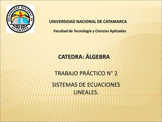 UNIVERSIDAD NACIONAL DE CATAMARCA 
Facultad de Tecnología y Ciencias Aplicadas 
CATEDRA: ÁLGEBRA 
TRABAJO PRÁCTICO N° 2 
SISTEMAS DE ECUACIONES 
LINEALES. 
 