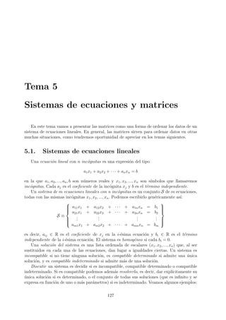 Tema 5
Sistemas de ecuaciones y matrices
En este tema vamos a presentar las matrices como una forma de ordenar los datos de un
sistema de ecuaciones lineales. En general, las matrices sirven para ordenar datos en otras
muchas situaciones, como tendremos oportunidad de apreciar en los temas siguientes.
5.1. Sistemas de ecuaciones lineales
Una ecuaci´on lineal con n inc´ognitas es una expresi´on del tipo
a1x1 + a2x2 + · · · + anxn = b
en la que a1, a2, ..., an, b son n´umeros reales y x1, x2, ..., xn son s´ımbolos que llamaremos
inc´ognitas. Cada aj es el coeﬁciente de la inc´ognita xj y b es el t´ermino independiente.
Un sistema de m ecuaciones lineales con n inc´ognitas es un conjunto S de m ecuaciones,
todas con las mismas inc´ognitas x1, x2, ..., xn. Podemos escribirlo gen´ericamente as´ı:
S ≡



a11x1 + a12x2 + · · · + a1nxn = b1
a21x1 + a22x2 + · · · + a2nxn = b2
...
...
...
...
am1x1 + am2x2 + · · · + amnxn = bm



es decir, aij ∈ R es el coeﬁciente de xj en la i-´esima ecuaci´on y bi ∈ R es el t´ermino
independiente de la i-´esima ecuaci´on. El sistema es homog´eneo si cada bi = 0.
Una soluci´on del sistema es una lista ordenada de escalares (x1, x2, ..., xn) que, al ser
sustituidos en cada una de las ecuaciones, dan lugar a igualdades ciertas. Un sistema es
incompatible si no tiene ninguna soluci´on, es compatible determinado si admite una ´unica
soluci´on, y es compatible indeterminado si admite m´as de una soluci´on.
Discutir un sistema es decidir si es incompatible, compatible determinado o compatible
indeterminado. Si es compatible podemos adem´as resolverlo, es decir, dar expl´ıcitamente su
´unica soluci´on si es determinado, o el conjunto de todas sus soluciones (que es inﬁnito y se
expresa en funci´on de uno o m´as par´ametros) si es indeterminado. Veamos algunos ejemplos:
127
 