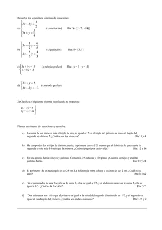 Resuelve los siguientes sistemas de ecuaciones:

3
2

2x 2 y
a)

3x

y

5
4

1
y
2
b)
5
2x
y
3
3x

6
5
4
3

c) 3x + 4y = -4
x + 8y = -8

d)

(x igualación)

(x método grafico)

2x y 5
3x 2 y

(x sustitución)

3

Rta: S={( 1/2; -1/4)}

Rta: S={(3;1)}

Rta: {x = 0 y = -1}

(x método grafico)

2) Clasifica el siguiente sistema justificando tu respuesta:
2x – 3y = 5
6y = -3 + 4x

Plantea un sistema de ecuaciones y resuelve.
a) La suma de un número más el triplo de otro es igual a 17; si el triplo del primero se resta el duplo del
segundo se obtiene 7. ¿Cuáles son los números?
Rta: 5 y 4

b) He comprado dos valijas de distinto precio, la primera cuesta $20 menos que el doble de lo que cuesta la
segunda y esta vale $4 más que la primera. ¿Cuánto pagué por cada valija?
Rta: 12 y 16

c) En una granja había conejos y gallinas. Contamos 39 cabezas y 108 patas. ¿Cuántos conejos y cuántas
gallinas había
Rta: 15 y 24

d) El perímetro de un rectángulo es de 24 cm. La diferencia entre la base y la altura es de 2 cm. ¿Cuál es su
área?
Rta:35cm2

e)

Si al numerador de una fracción se le suma 2, ella es igual a 5/7, y si al denominador se le suma 2, ella es
igual a 1/3. ¿Cuál es la fracción?
Rta: 3/7.

f)

Dos números son tales que el primero es igual a la mitad del segundo disminuido en 1/2, y el segundo es
igual al cuádruplo del primero. ¿Cuáles son dichos números?
Rta: 1/2 y 2

 