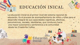 EDUCACIÓN INICAL
La educación inicial es el primer nivel del sistema nacional de
educación. Es el proceso de acompañamient...