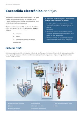 18 | Sistemas de Encendido




Encendido electrónico: ventajas
El sistema de encendido electrónico empezó a ser desa-
rrollado por la empresa BOSCH en la década de 60,                           El encendido electrónico posee innumerables
y desde esa época hasta hoy día, nuevos sistemas están                      ventajas sobre el sistema de platino:
siendo desarrollados y actualizados.
                                                                            EE No utiliza platino y condensador, que son los
                                                                              principales causadores del desarreglo del sis-
El primer sistema de encendido totalmente electrónico
                                                                              tema de
surgió en la década de 70, y fue denominado TSZ-I que
                                                                              encendido.
significa:
                                                                            EE Mantiene la tensión de encendido siempre
	                  T = transistor                                             constante, garantizando mayor potencia de la
                                                                              chispa en altas revoluciones.
	                  S = sistema
                                                                            EE Mantiene el punto de encendido (tiempo del
	                  Z = zündung (encendido, en alemán)                         motor) siempre ajustado (no se desajusta).

	                  I = inductivo



Sistema TSZ-I
Es un sistema de encendido por impulsos inductivos; significa que el control y el momento de la chispa se efectúan
por un generador de señal inductivo (también conocido por bobina impulsora, o impulsor magnético) instalado
adentro del distribuidor.


                                                            4



                                                                        3
                   1                                                                    7




                                                                                            8                 8




                   2                                                                                                6




                                                                                    5




    	 1	 Llave (switch) de encendido         	 4	 Prerresistencia                           	 7	 Bujía de encendido Bosch Súper

    	 2	 Batería                             	 5	 Bobina de encendido                       	 8	 Cables

    	 3	 Unidad de comando                   	 6	 Distribuidor de encendido
 