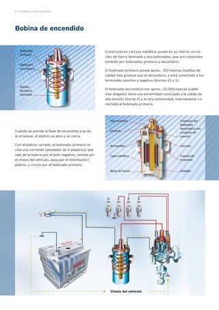 6 | Sistemas de Encendido




Bobina de encendido


   Bobinado                                           Construida en carcasa metálica, posee en su interior un nú-
   primario
                                                      cleo de hierro laminado y dos bobinados, que son conocidos
                                                      también por bobinados primario y secundario.
   Bobinado
   secundario
                                                      El bobinado primario posee aprox.: 350 espiras (vueltas de
                                                      cable) más gruesas que el secundario, y está conectado a los
                                                      terminales positivo y negativo (bornes 15 y 1).
   Núcleo
   de hierro
                                                      El bobinado secundario con aprox.: 20.000 espiras (cable
   laminado                                           más delgado) tiene una extremidad conectada a la salida de
                                                      alta tensión (borne 4) y la otra extremidad, internamente co-
                                                      nectada al bobinado primario.




                                                         Tapa aislante                                  Conexión del
                                                                                                        bobinado
                                                                                                        secundario con
Cuando se prende la llave de encendido y se da           Enchufe
                                                                                                        contacto de
el arranque, el platino se abre y se cierra.                                                            resorte


Con el platino cerrado, el bobinado primario re-         Abrazadera                                     Carcasa
cibe una corriente (alrededor de 4 amperios) que
sale de la batería por el polo negativo, camina por      Capa metálica                                  Cuerpo de
el chasis del vehículo, pasa por el distribuidor/                                                       la bobina
platino, y circula por el bobinado primario.
                                                         Masa de fusión                                 Aislador




                                                         Chasis del vehículo
 