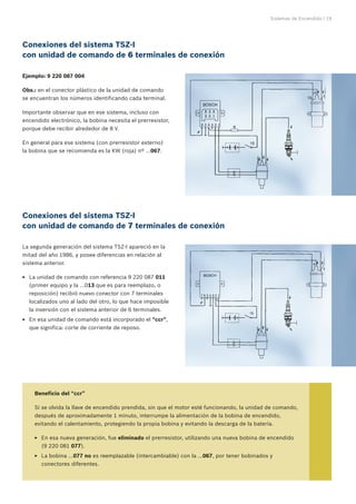 Sistemas de Encendido | 19
Ejemplo: 9 220 087 004
Obs.: en el conector plástico de la unidad de comando
se encuentran los números identificando cada terminal.
Importante observar que en ese sistema, incluso con
encendido electrónico, la bobina necesita el prerresistor,
porque debe recibir alrededor de 8 V.
En general para ese sistema (con prerresistor externo)
la bobina que se recomienda es la KW (roja) nº ...067.
Conexiones del sistema TSZ-I
con unidad de comando de 6 terminales de conexión
La segunda generación del sistema TSZ-I apareció en la
mitad del año 1986, y posee diferencias en relación al
sistema anterior.
La unidad de comando con referencia 9 220 087EE 011
(primer equipo y la ...013 que es para reemplazo, o
reposición) recibió nuevo conector con 7 terminales
localizados uno al lado del otro, lo que hace imposible
la inversión con el sistema anterior de 6 terminales.
En esa unidad de comando está incorporado elEE “ccr”,
que significa: corte de corriente de reposo.
Beneficio del “ccr”
Si se olvida la llave de encendido prendida, sin que el motor esté funcionando, la unidad de comando,
después de aproximadamente 1 minuto, interrumpe la alimentación de la bobina de encendido,
evitando el calentamiento, protegiendo la propia bobina y evitando la descarga de la batería.
En esa nueva generación, fueEE eliminado el prerresistor, utilizando una nueva bobina de encendido
(9 220 081 077).
La bobina ...EE 077 no es reemplazable (intercambiable) con la ...067, por tener bobinados y
conectores diferentes.
Conexiones del sistema TSZ-I
con unidad de comando de 7 terminales de conexión
 