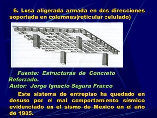 6. Losa aligerada armada en dos direcciones
soportada en columnas(reticular celulado)
Este sistema de entrepiso ha quedado en
desuso por el mal comportamiento sísmico
evidenciado en el sismo de Mexico en el año
de 1985.
Fuente: Estructuras de Concreto
Reforzado.
Autor: Jorge Ignacio Segura Franco
 