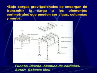•Bajo cargas gravitacionales se encargan de
transmitir la carga a los elementos
perimetrales que pueden ser vigas, columnas
y muros.
Fuente: Diseño Sísmico de edificios.
Autor: Roberto Meli
 