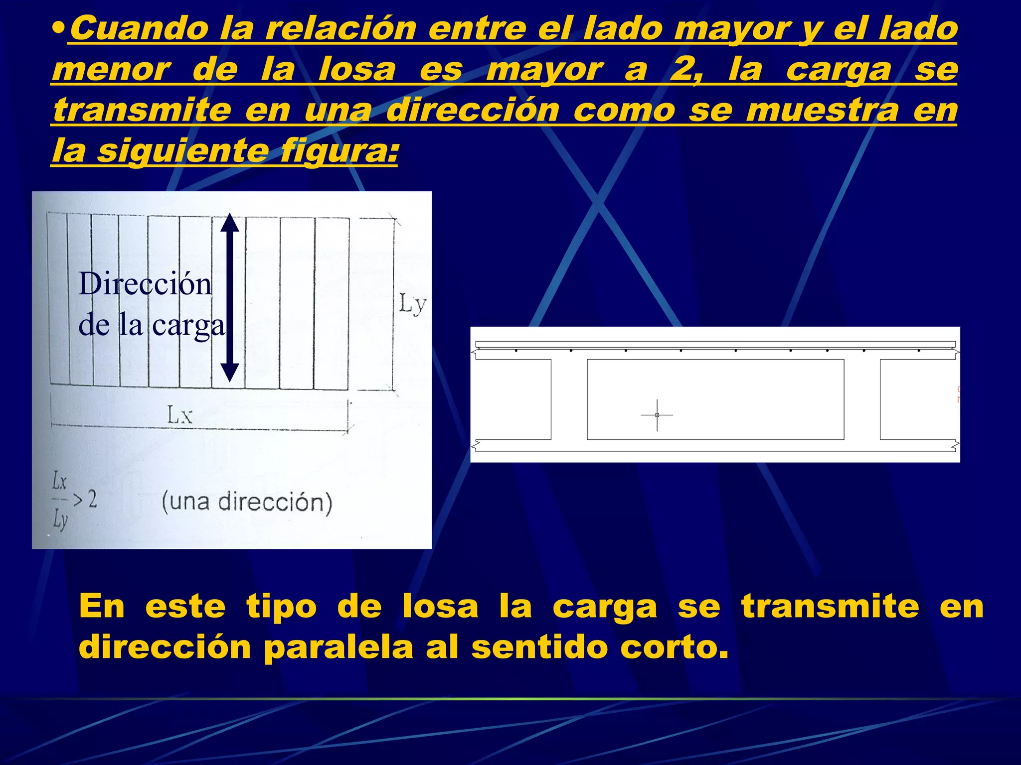 •Cuando la relación entre el lado mayor y el lado
menor de la losa es mayor a 2, la carga se
transmite en una dirección como se muestra en
la siguiente figura:
En este tipo de losa la carga se transmite en
dirección paralela al sentido corto.
Dirección
de la carga
 