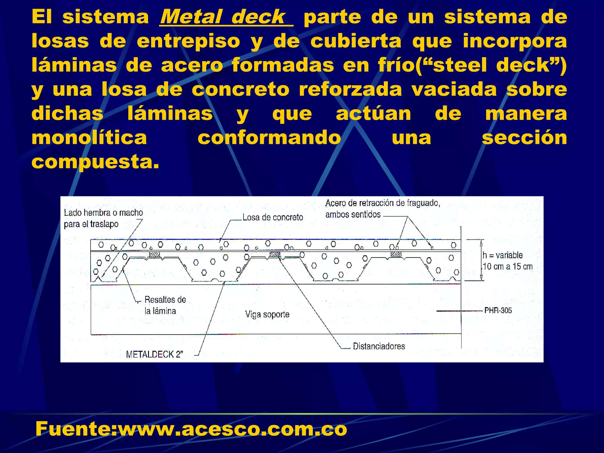 El sistema Metal deck parte de un sistema de
losas de entrepiso y de cubierta que incorpora
láminas de acero formadas en frío(“steel deck”)
y una losa de concreto reforzada vaciada sobre
dichas láminas y que actúan de manera
monolítica conformando una sección
compuesta.
Fuente:www.acesco.com.co
 