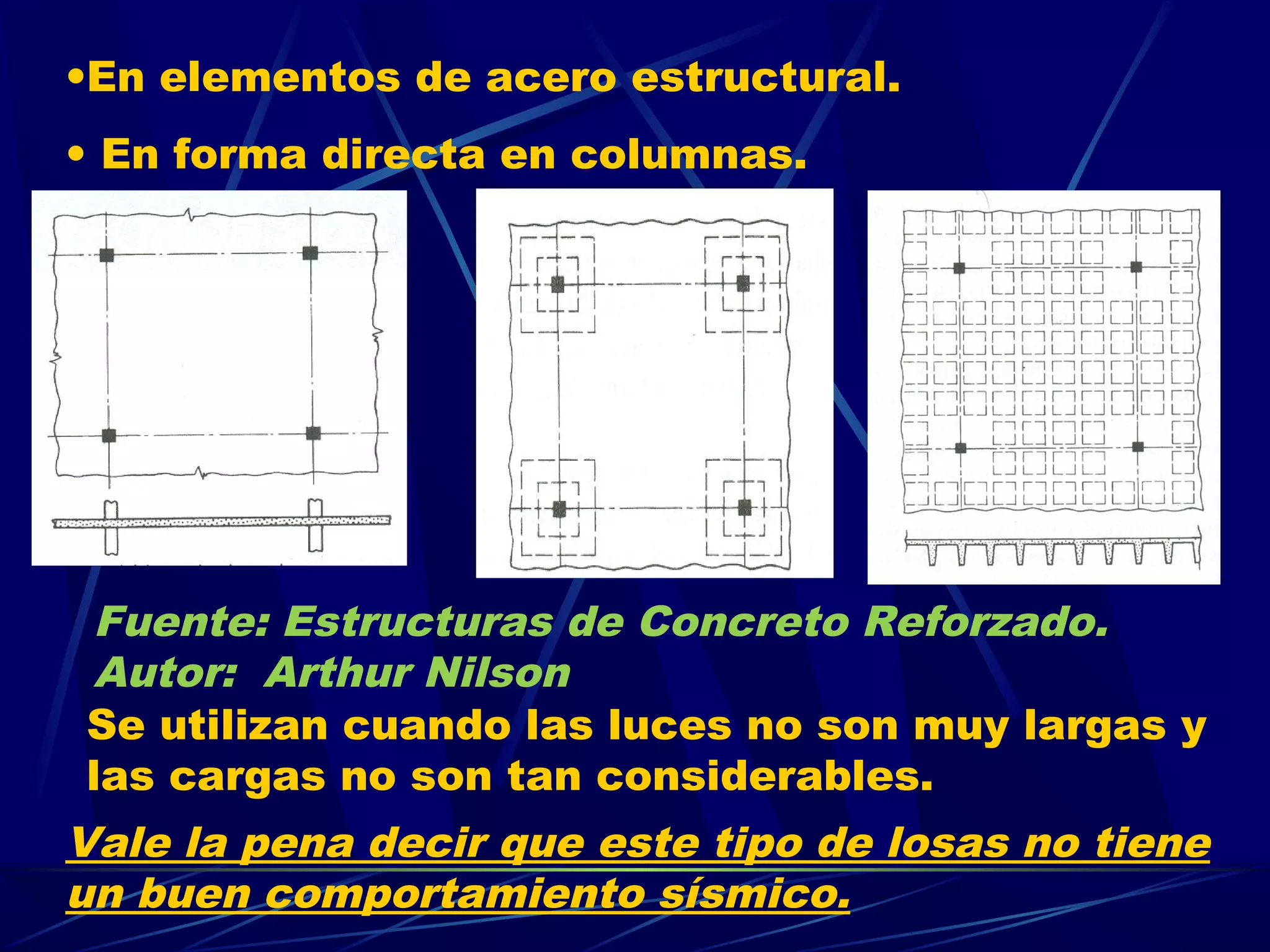 •En elementos de acero estructural.
• En forma directa en columnas.
Vale la pena decir que este tipo de losas no tiene
un buen comportamiento sísmico.
Se utilizan cuando las luces no son muy largas y
las cargas no son tan considerables.
Fuente: Estructuras de Concreto Reforzado.
Autor: Arthur Nilson
 