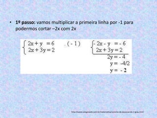 • 1º passo: vamos multiplicar a primeira linha por -1 para
  podermos cortar –2x com 2x




                            http://www.colegioweb.com.br/matematica/sistema-de-equacao-do-1-grau.html
 