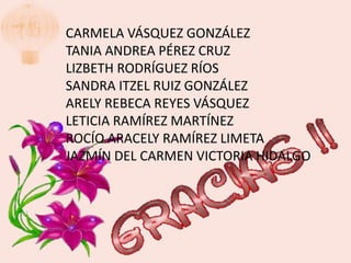 CARMELA VÁSQUEZ GONZÁLEZ
TANIA ANDREA PÉREZ CRUZ
LIZBETH RODRÍGUEZ RÍOS
SANDRA ITZEL RUIZ GONZÁLEZ
ARELY REBECA REYES VÁSQUEZ
LETICIA RAMÍREZ MARTÍNEZ
ROCÍO ARACELY RAMÍREZ LIMETA
JAZMÍN DEL CARMEN VICTORIA HIDALGO
 