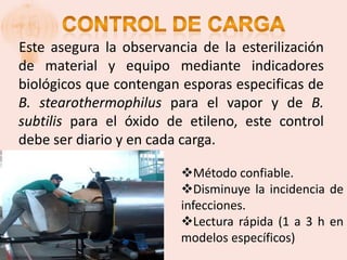 Este asegura la observancia de la esterilización
de material y equipo mediante indicadores
biológicos que contengan esporas especificas de
B. stearothermophilus para el vapor y de B.
subtilis para el óxido de etileno, este control
debe ser diario y en cada carga.

                         Método confiable.
                         Disminuye la incidencia de
                         infecciones.
                         Lectura rápida (1 a 3 h en
                         modelos específicos)
 
