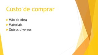 Custo de comprar 
Mão de obra 
Materiais 
Outros diversos  