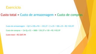 Exercício 
Custo total = Custo de armazenagem + Custo de compras 
Custo de armazenagem = Q/2 x CPA x PU= 353,27 / 2 x 25 / 100 x 25 = R$ 1103,97 
Custo de compras = CA/Q x CC = 3000 / 353,27 x 130 = R$ 1103,97 
Custo total = R$ 2207,94  