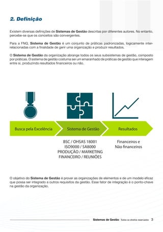 2. Definição
Existem diversas de Sistemas de Gestão descritas por diferentes autores. No entanto,
percebe-se que os conceitos são convergentes.
Para a FNQ, Sistema de Gestão é um conjunto de práticas padronizadas, logicamente inter-
relacionadas com a de gerir uma organização e produzir resultados.
O Sistema de Gestão da organização abrange todos os seus subsistemas de gestão, composto
por práticas. O sistema de gestão costuma ser um emaranhado de práticas de gestão que interagem
entre si, produzindo resultados ou não.
O objetivo do Sistema de Gestão é prover as organizações de elementos e de um modelo
que possa ser integrado a outros requisitos da gestão. Esse fator de integração é o ponto-chave
na gestão da organização.
Sistemas de Gestão Todos os direitos reservados 3
Busca pela Excelência Sistema de Gestão Resultados
BSC / OHSAS 18001
ISO9000 / SA8000
PRODUÇÃO / MARKETING
FINANCEIRO / REUNIÕES
 