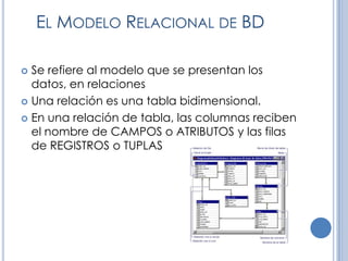 EL MODELO RELACIONAL DE BD

 Se refiere al modelo que se presentan los
  datos, en relaciones
 Una relación es una tabla bidimensional.

 En una relación de tabla, las columnas reciben
  el nombre de CAMPOS o ATRIBUTOS y las filas
  de REGISTROS o TUPLAS
 