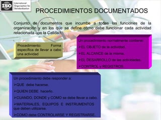 PROCEDIMIENTOS DOCUMENTADOS Procedimiento: Forma específica de llevar a cabo una actividad Conjunto de documentos que incu...