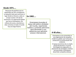 Desde 1971....
   Del grupo de pacifistas que en
 septiembre de 1971 consiguieron
un pequeño bote para acercarse al
 lugar donde se llevaría a cabo un    En 1982....
     ensayo nuclear a fin de dar
testimonio a la organización global
    que hoy es Greenpeace, con
  millones de socios, voluntarios y       Greenpeace buscaba el
 ciber activistas en todo el mundo     apoyo del público alrededor
       hay una larga historia.            del mundo, repartiendo
                                      folletos y juntando peticiones
                                           para demandar a sus
                                          gobiernos que aplicaran
                                           presión internacional.      A 40 años...
                                                                        Greenpeace se ha convertido en
                                                                         una organización de campañas
                                                                       moderna y global, que lucha por la
                                                                        protección y la conservación del
                                                                                    ambiente.
                                                                        El apoyo económico de un amplio
                                                                           grupo de personas, el uso de
                                                                          tecnologías de vanguardia y la
                                                                       planeación de estrategias creativas
                                                                           han permitido a Greenpeace
                                                                         desarrollar campañas exitosas.
 
