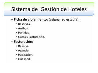 Sistema de  Gestión de HotelesFicha de alojamiento: (asignar su estadía).Reservas.Arribos.Partidas.Gatos y Facturación.Facturación:Reserva.Agencia.Habitación.Huésped.