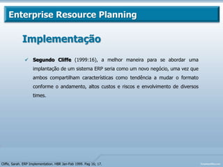 Enterprise Resource PlanningObjetivoTem como objetivo armazenar, processar e organizar  o fluxo de informações entre todas as atividades de uma empresa, além de automatizar e integrar todos os processoshttp://www.slideshare.net/mtscozer/erp-7317038