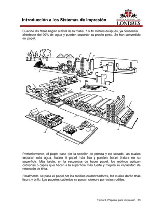 Introducción a los Sistemas de Impresión

Cuando las fibras llegan al final de la malla, 7 o 10 metros después, ya contienen
alrededor del 90% de agua y pueden soportar su propio peso. Se han convertido
en papel.




Posteriormente, el papel pasa por la sección de prensa y de secado, las cuales
separan más agua, hacen el papel más liso y pueden hacer textura en su
superficie. Más tarde, en la secuencia de hacer papel, los molinos aplican
cubiertas o capas que hacen a la superficie más fuerte y mejora su capacidad de
retención de tinta.

Finalmente, se pasa el papel por los rodillos calandreadores, los cuales darán más
lisura y brillo. Los papeles cubiertos se pasan siempre por estos rodillos.




                                                   Tema 3. Papeles para impresión 33
 