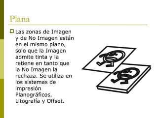 Plana
 Las zonas de Imagen
y de No Imagen están
en el mismo plano,
solo que la Imagen
admite tinta y la
retiene en tanto que
la No Imagen la
rechaza. Se utiliza en
los sistemas de
impresión
Planográficos,
Litografía y Offset.
 