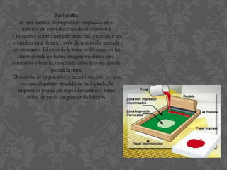 Serigrafía
es una técnica de impresión empleada en el
método de reproducción de documentos
e imágenes sobre cualquier material, y consiste en
transferir una tinta a través de una malla tensada
en un marco. El paso de la tinta se bloquea en las
áreas donde no habrá imagen mediante una
emulsión o barniz, quedando libre la zona donde
pasará la tinta.
El sistema de impresión es repetitivo, esto es, una
vez que el primer modelo se ha logrado, la
impresión puede ser repetida cientos y hasta
miles de veces sin perder definición.
 