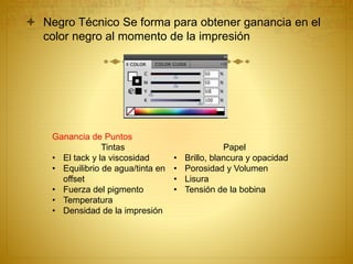  Negro Técnico Se forma para obtener ganancia en el
color negro al momento de la impresión
Ganancia de Puntos
Tintas
• El tack y la viscosidad
• Equilibrio de agua/tinta en
offset
• Fuerza del pigmento
• Temperatura
• Densidad de la impresión
Papel
• Brillo, blancura y opacidad
• Porosidad y Volumen
• Lisura
• Tensión de la bobina
 
