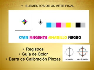  ELEMENTOS DE UN ARTE FINAL
• Registros
• Guía de Color
• Barra de Calibración Pinzas
 