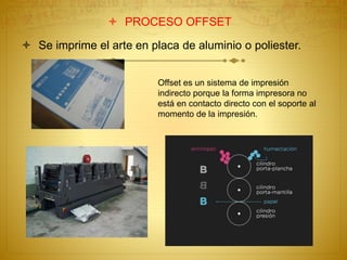  PROCESO OFFSET
 Se imprime el arte en placa de aluminio o poliester.
Offset es un sistema de impresión
indirecto porque la forma impresora no
está en contacto directo con el soporte al
momento de la impresión.
 