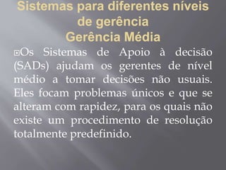 Sistemas para diferentes níveis
de gerência
Gerência Média
Os Sistemas de Apoio à decisão
(SADs) ajudam os gerentes de nível
médio a tomar decisões não usuais.
Eles focam problemas únicos e que se
alteram com rapidez, para os quais não
existe um procedimento de resolução
totalmente predefinido.
 