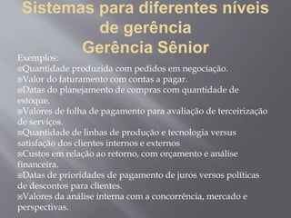 Sistemas para diferentes níveis
de gerência
Gerência SêniorExemplos:
Quantidade produzida com pedidos em negociação.
Valor do faturamento com contas a pagar.
Datas do planejamento de compras com quantidade de
estoque.
Valores de folha de pagamento para avaliação de terceirização
de serviços.
Quantidade de linhas de produção e tecnologia versus
satisfação dos clientes internos e externos
Custos em relação ao retorno, com orçamento e análise
financeira.
Datas de prioridades de pagamento de juros versos políticas
de descontos para clientes.
Valores da análise interna com a concorrência, mercado e
perspectivas.
 