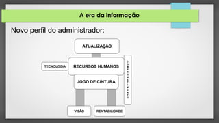 A era da informação
Novo perfil do administrador:
ATUALIZAÇÃO
RECURSOS HUMANOS
JOGO DE CINTURA
VISÃO RENTABILIDADE
C
O
M
P
R
O
M
E
T
I
M
E
N
T
O
TECNOLOGIA
 