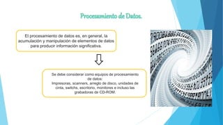 El procesamiento de datos es, en general, la
acumulación y manipulación de elementos de datos
para producir información significativa.
Se debe considerar como equipos de procesamiento
de datos:
Impresoras, scanners, arreglo de disco, unidades de
cinta, switchs, escritorio, monitores e incluso las
grabadoras de CD-ROM.
 