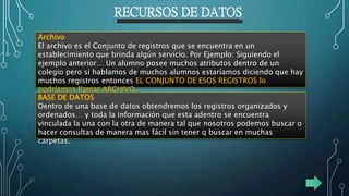 RECURSOS DE DATOS
Archivo
El archivo es el Conjunto de registros que se encuentra en un
establecimiento que brinda algún servicio. Por Ejemplo: Siguiendo el
ejemplo anterior… Un alumno posee muchos atributos dentro de un
colegio pero si hablamos de muchos alumnos estaríamos diciendo que hay
muchos registros entonces EL CONJUNTO DE ESOS REGISTROS lo
podríamos llamar ARCHIVO.
BASE DE DATOS
Dentro de una base de datos obtendremos los registros organizados y
ordenados… y toda la información que esta adentro se encuentra
vinculada la una con la otra de manera tal que nosotros podemos buscar o
hacer consultas de manera mas fácil sin tener q buscar en muchas
carpetas.
 