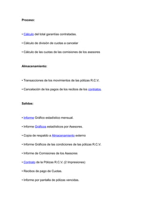 Proceso:
• Cálculo del total garantías contratadas.
• Cálculo de división de cuotas a cancelar
• Cálculo de las cuotas de las comisiones de los asesores
Almacenamiento:
• Transacciones de los movimientos de las pólizas R.C.V.
• Cancelación de los pagos de los recibos de los contratos.
Salidas:
• Informe Gráfico estadístico mensual.
• Informe Gráficos estadísticos por Asesores.
• Copia de respaldo a Almacenamiento externo
• Informe Gráficos de las condiciones de las pólizas R.C.V.
• Informe de Comisiones de los Asesores
• Contrato de la Pólizas R.C.V. (2 Impresiones)
• Recibos de pago de Cuotas.
• Informe por pantalla de pólizas vencidas.
 