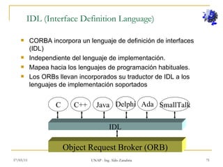 IDL (Interface Definition Language) <ul><li>CORBA incorpora un lenguaje de definición de interfaces (IDL) </li></ul><ul><l...